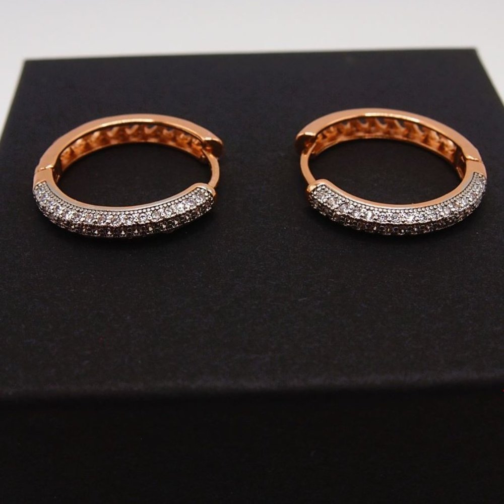Stunning 18k. Rose Gold Over Sterling Silver 25mm Round Hoop Earrings With CZ's - Picture 2 of 8